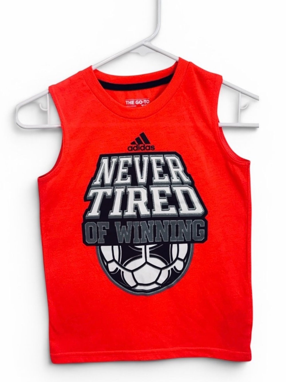 Adidas Boys Go-To Tee Tank Top Orange Soccer "Never Tired Of Winning" Size 6